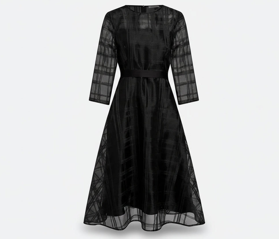 Black dress with sheer sleeves on a white background