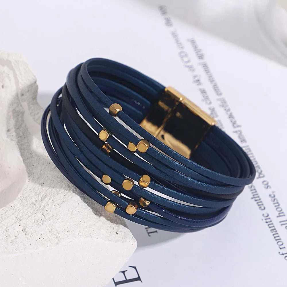 Tanya's Triple Color Leather Bohemian Metal Beads Multilayer Thin Strip Wrap Bracelets