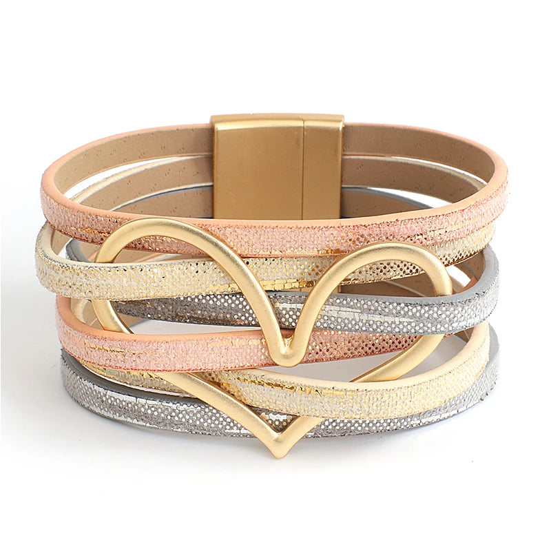 Zina's Heart Leather Multilayer Bangle Bracelet with magnet buckle