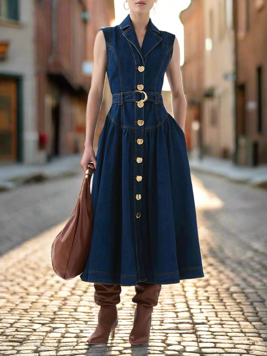 Woman wearing a sleeveless blue dress with gold buttons on a backyard