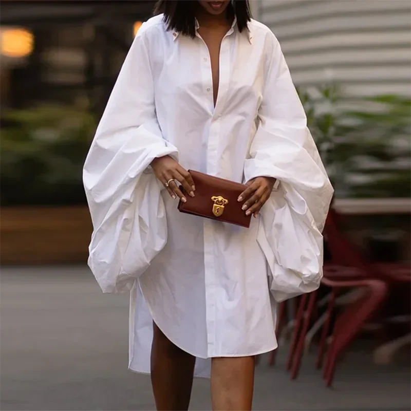 Ella's White, Loose, Stylish, Puffy Long Sleeves, Knee Length Dress