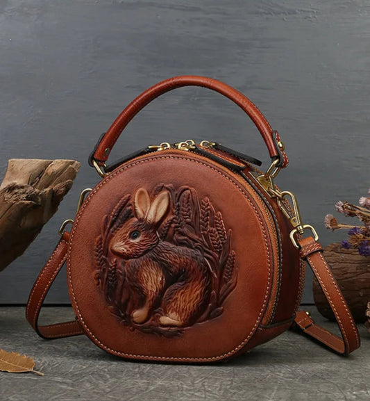 Karma's Genuine Leather, Round Shape, Vintage, Stylish, Retro, Rabbit Embossed, Shoulder Bag