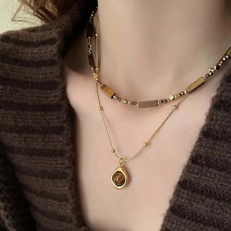 Elinor's Temperament Layered, ELegant, Trendy, Retro, Vintage, Tiger Eye Stone, Pendant Necklace