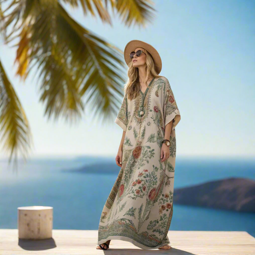 Woman in a floral dress and hat walking down a wooden deck