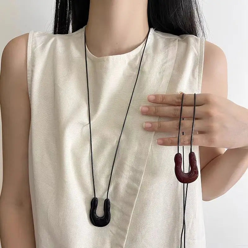 Rebecca's U Shape, Vintage, Trendy, Stylish, Red/Black, Adjustable, Leather, Long Pendant