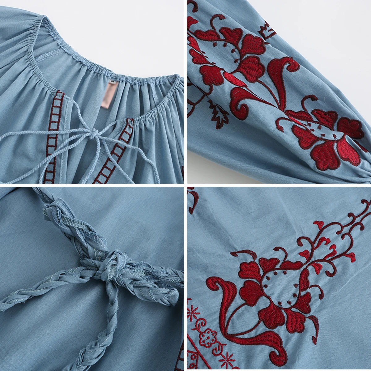 Collage of a blue dress with red floral embroidery on a white background