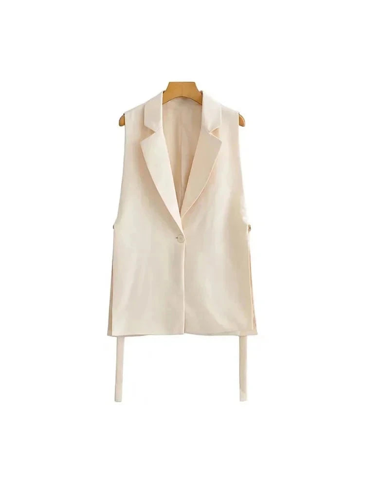 Nadine's Chic Collar Neck Casual Vest with Fabric-belt