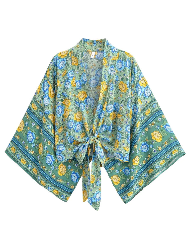 Floral patterned kimono-style garment on a white background