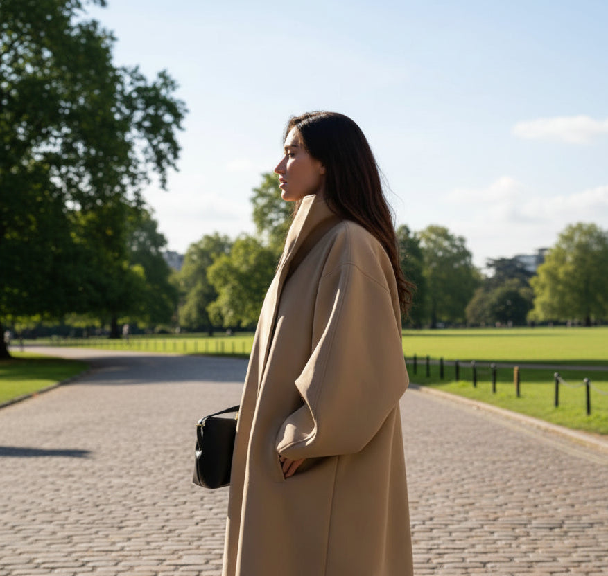 Woman in a beige coat standing on a sunny park