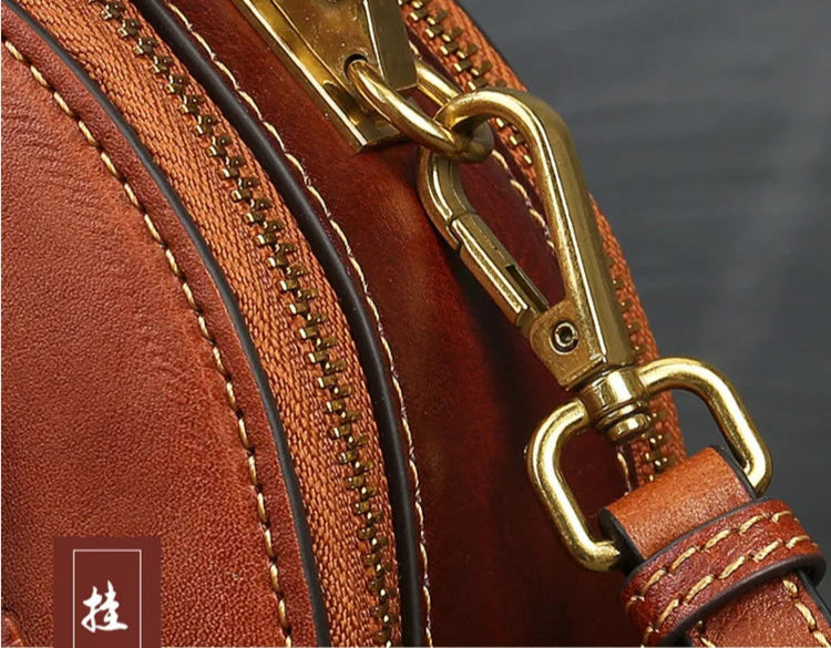 Karma's Genuine Leather, Round Shape, Vintage, Stylish, Retro, Rabbit Embossed, Shoulder Bag