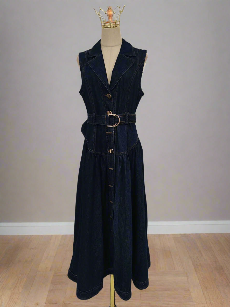 Navy blue dress on a mannequin against a white background