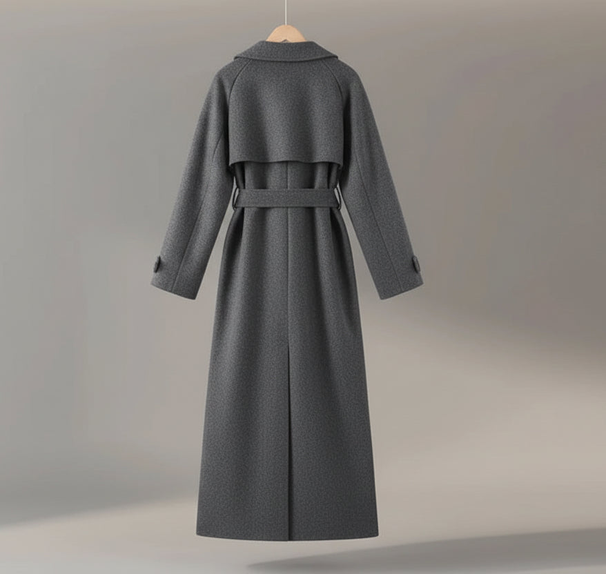 Gray coat on a hanger against a neutral background