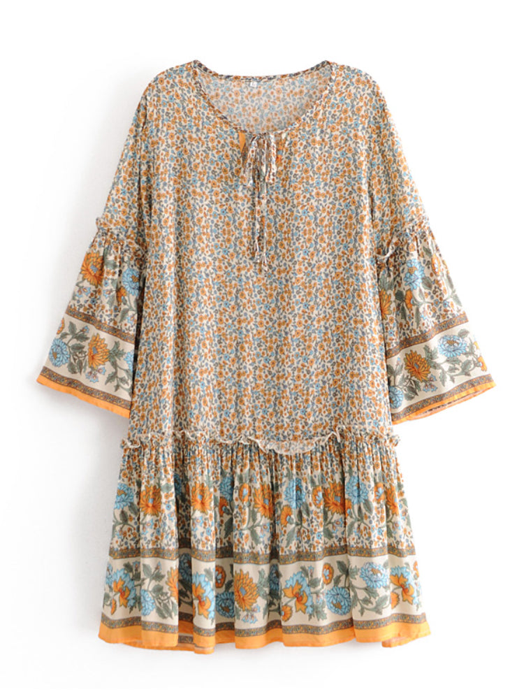 Yosra's  Hippie, Vintage, Stylish, Trendy, Loose, Floral, Ruffles, Print, Floral, Bohemian, Mini Dress