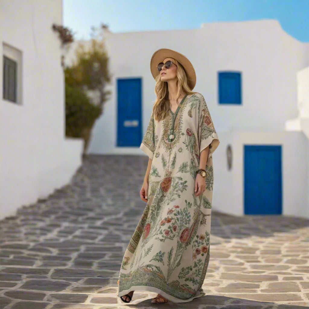 Woman in a floral dress and hat walking down a sunlit street.