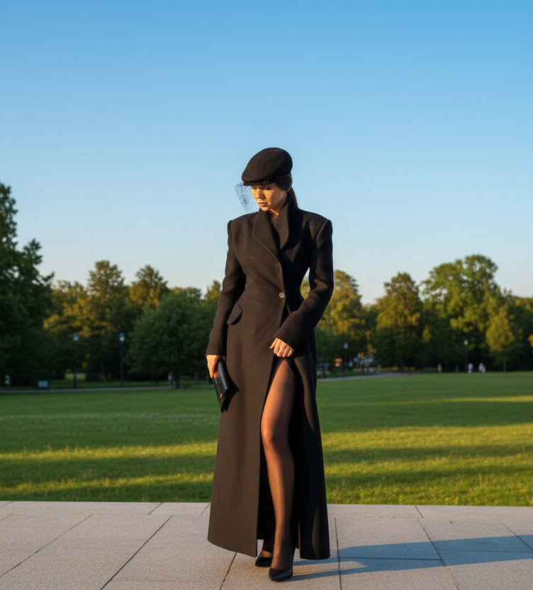 Woman in a long black coat and beret standing in an outdoor park