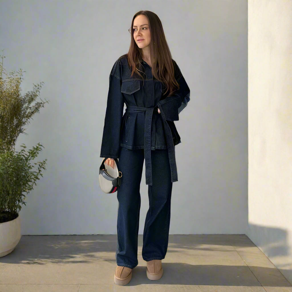 Julie's Casula, Elegant, Stylish, Trendy, Wide Leg, Long Jacket, Denim Outfit sets