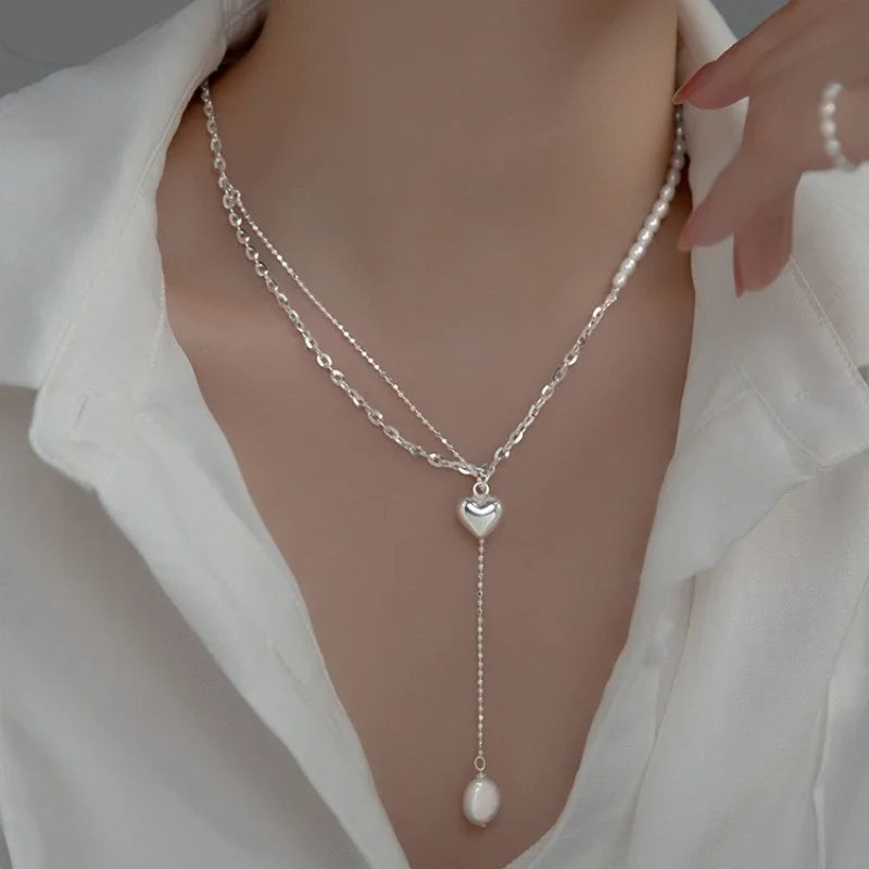 Lina's 925 silver, Trendy, Stylish, Tassel Chain Choker, Pearl Heart, Fine Necklace