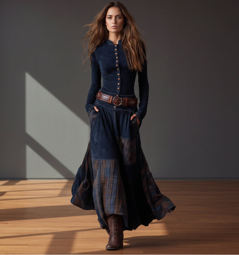 Long dark blue dress with plaid pattern and brown belt against a gray background
