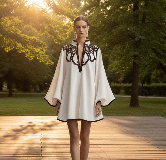 Woman in a white dress with black embroidery standing on a wooden platform in a park.