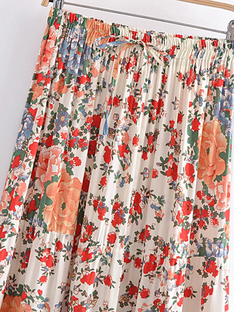 Floral patterned skirt hanging on a rack