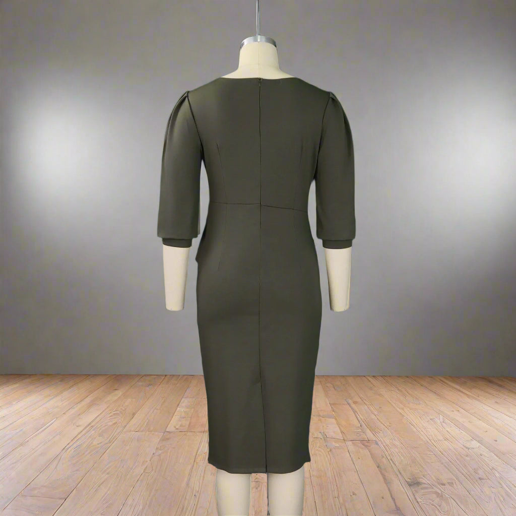 Huda's Sheath, Solid Color, Trendy, Stylish, Vintage, Midi, 3/4 Sleeves, Fit, Office Dress