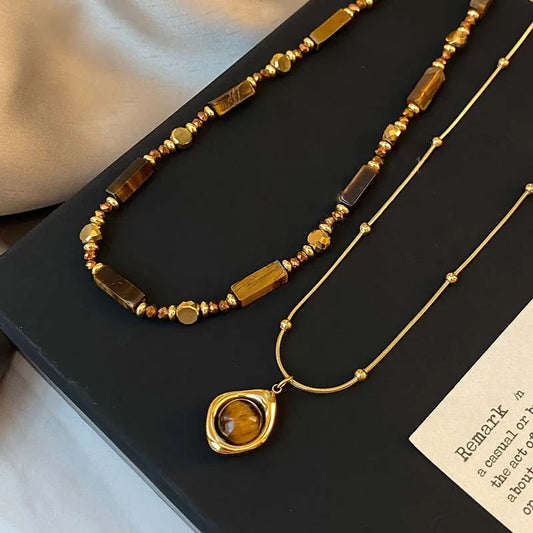 Elinor's Temperament Layered, ELegant, Trendy, Retro, Vintage, Tiger Eye Stone, Pendant Necklace
