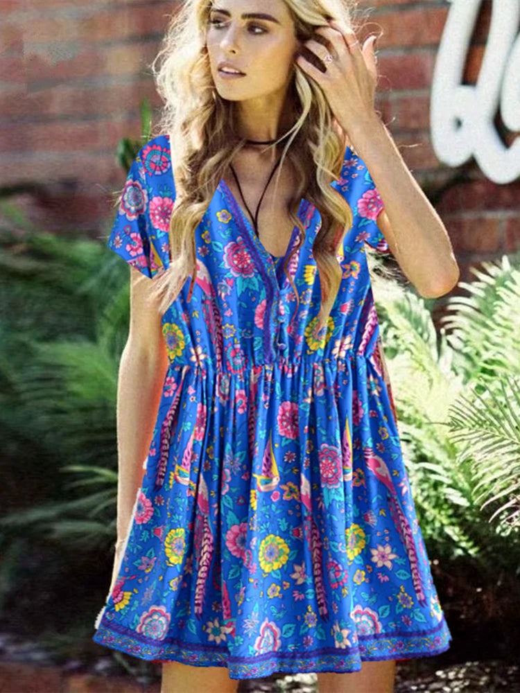 Jilan's Boho casual Short Sleeves mini elastic waist dress