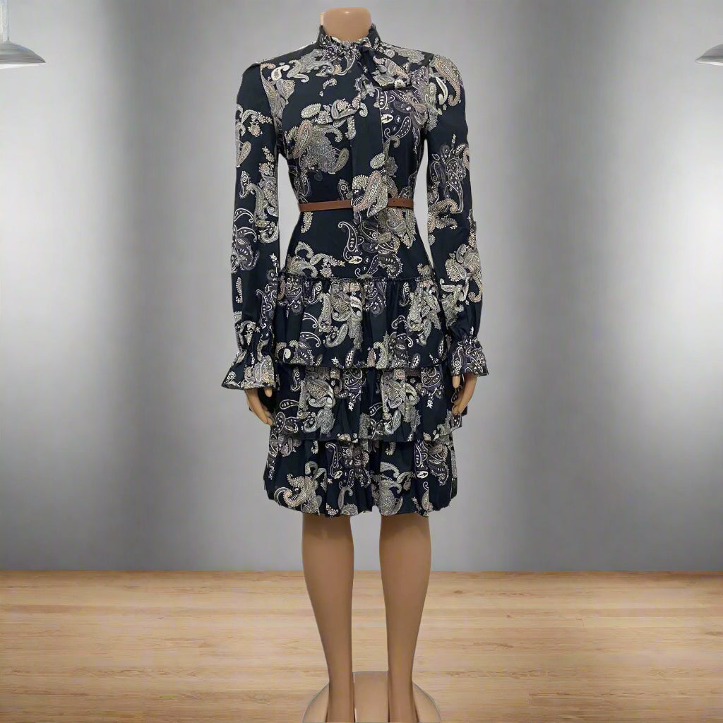 Elsa's Floral Print, Trendy, Stylish, Vintage, High Collar, Long Lantern Sleeves, Mini Dress