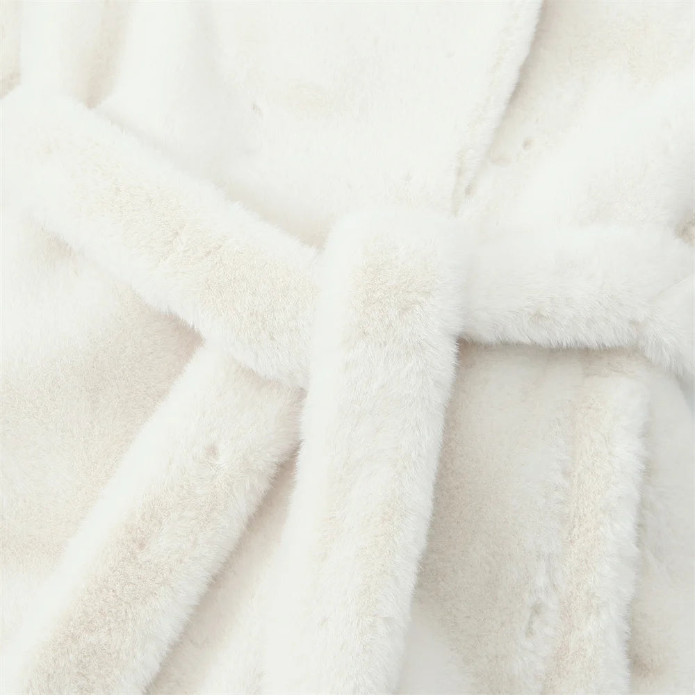 Linda's White, Faux Fur, Trendy, Stylish, Elegant, Long, Warm, Single breasted, Belted Coat