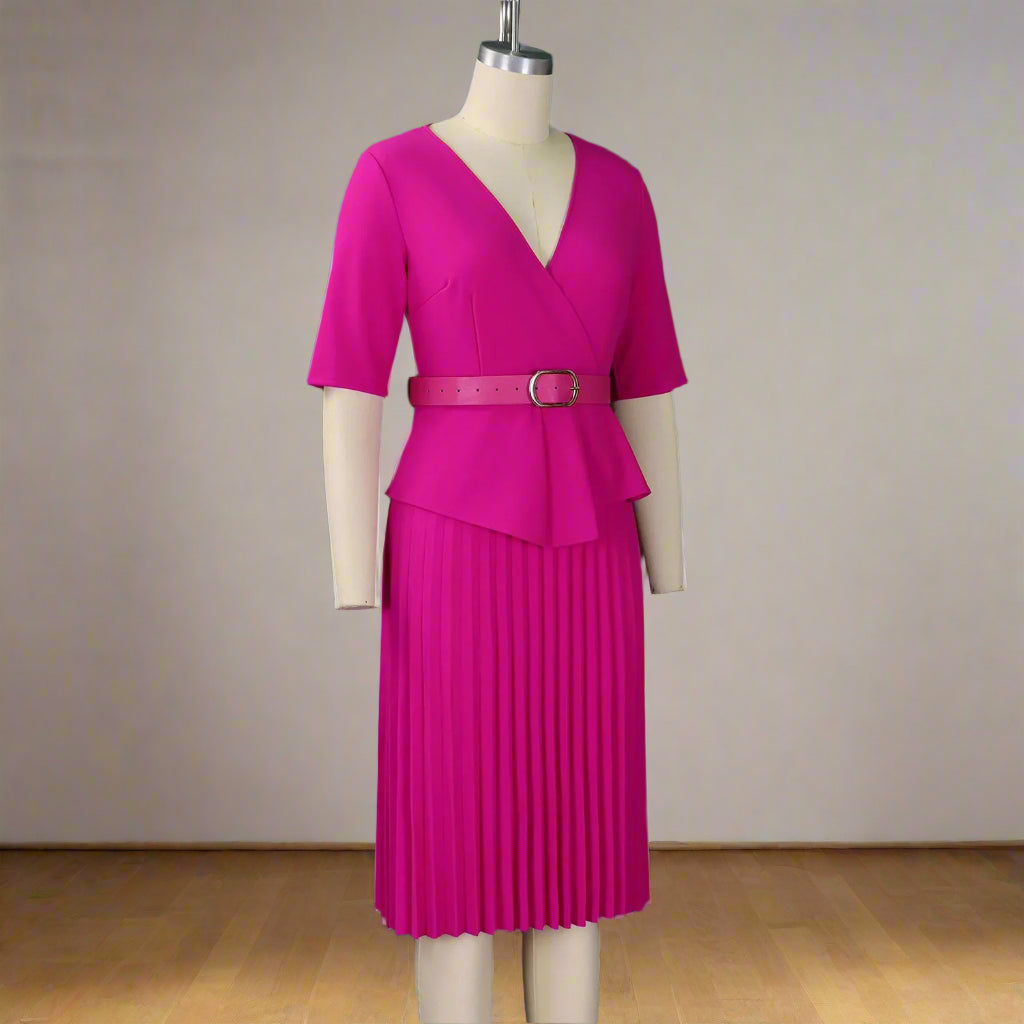 Liz's Plus size, stylish, trendy, Pleated, Temperament, V-Neck, Midi, Office Dress
