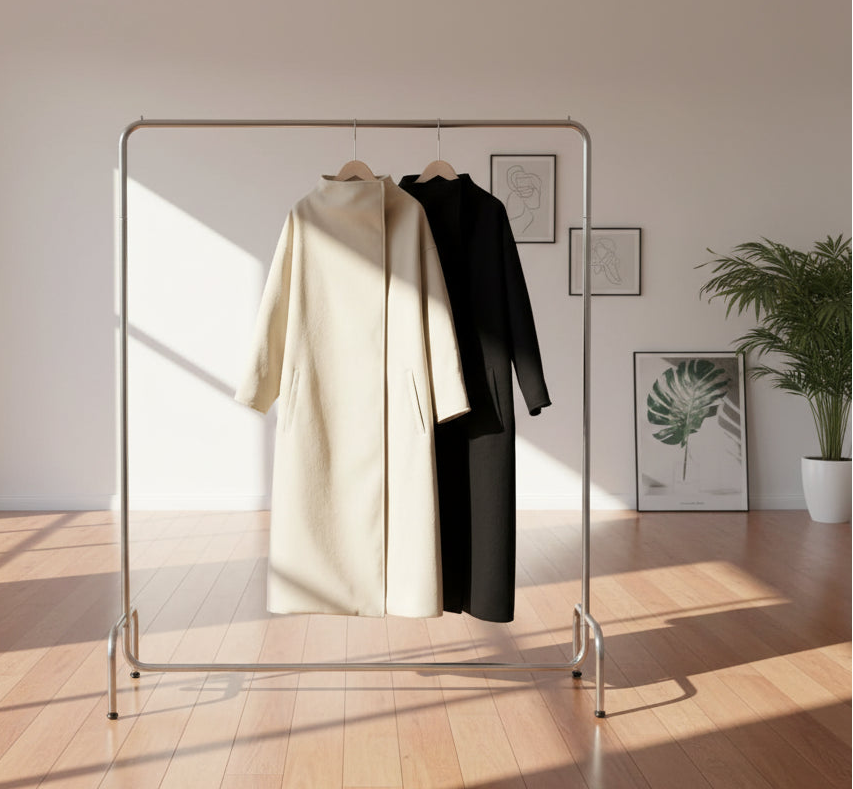 Clothing rack with a white coat and black jacket in a bright room with sunlight.