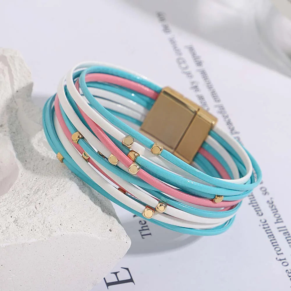 Tanya's Triple Color Leather Bohemian Metal Beads Multilayer Thin Strip Wrap Bracelets