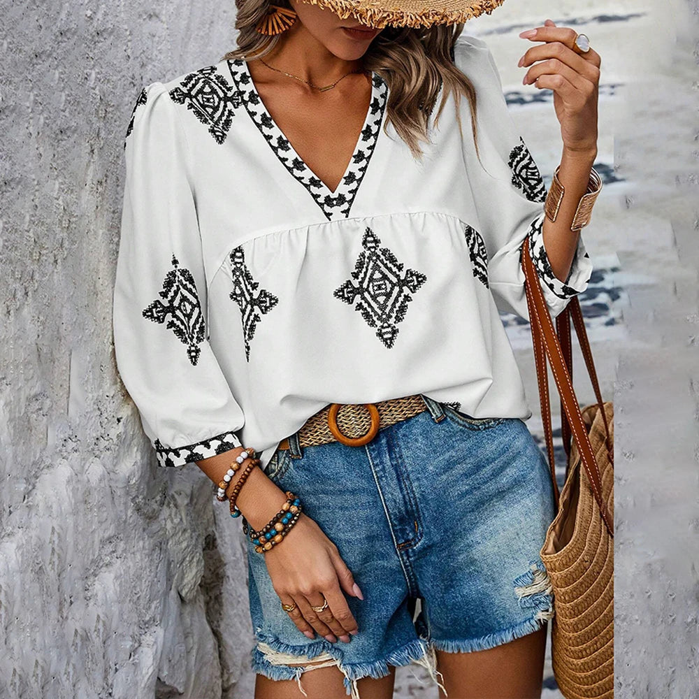 Emmy's Loose, Casual, Trendy, Stylish, Boho, Pullover, Printed Blouse