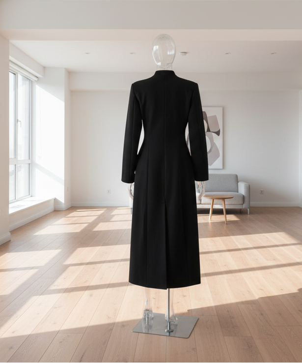 Black dress on a mannequin against a white wall