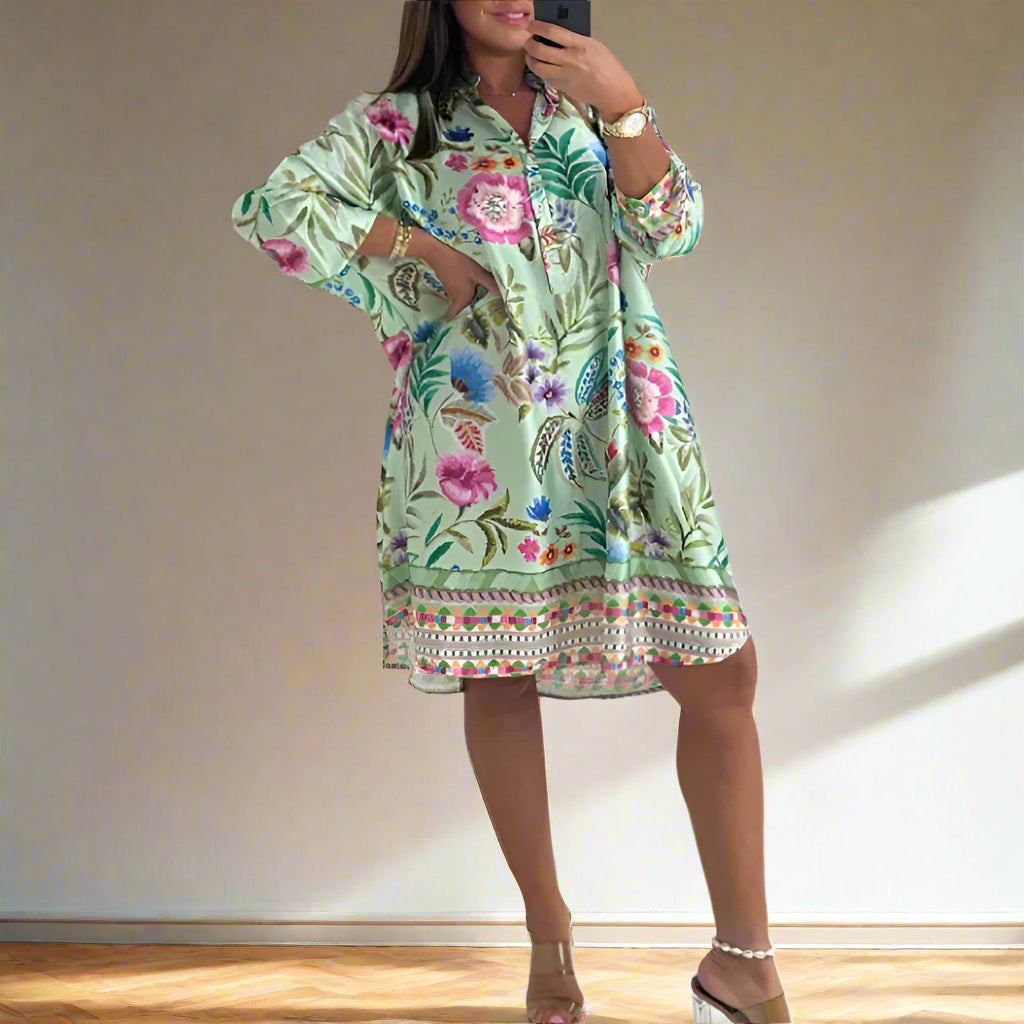 Halle's Loos, Printed, Floral, V-Neck, Midi, A-Line, Stylish, Trendy, Knee Dress