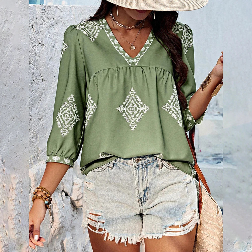 Emmy's Loose, Casual, Trendy, Stylish, Boho, Pullover, Printed Blouse