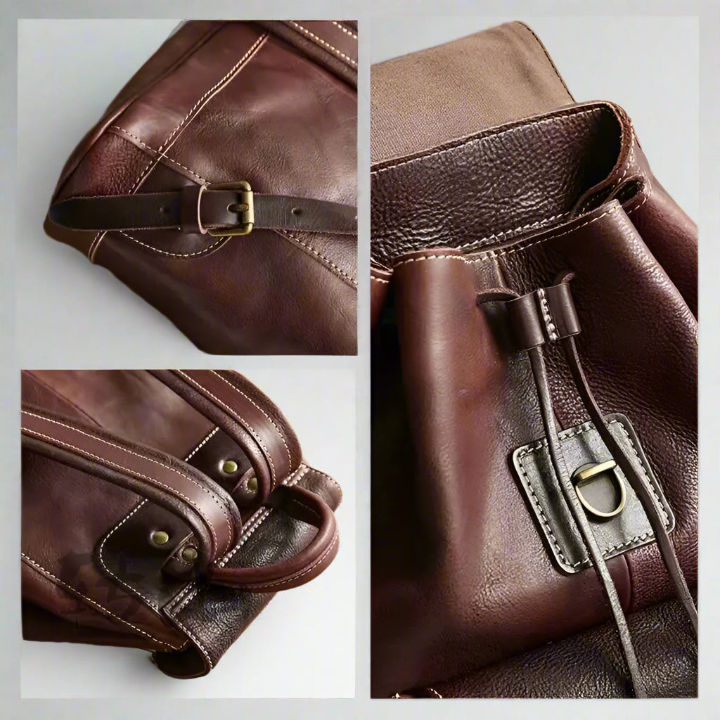 Collage of a brown leather bag with strap and buckle details.