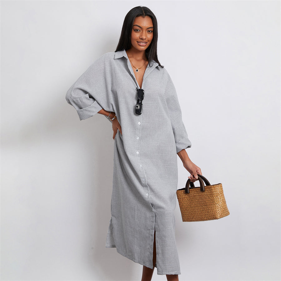 Rosa's Baggy, Loose, Striped, Trendy, Stylish, Boho, Vintage, Long Sleeves, Long Shirt Dress