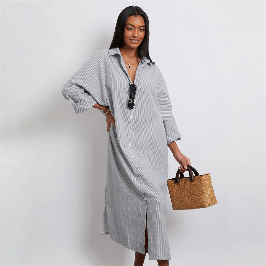 Rosa's Baggy, Loose, Striped, Trendy, Stylish, Boho, Vintage, Long Sleeves, Long Shirt Dress