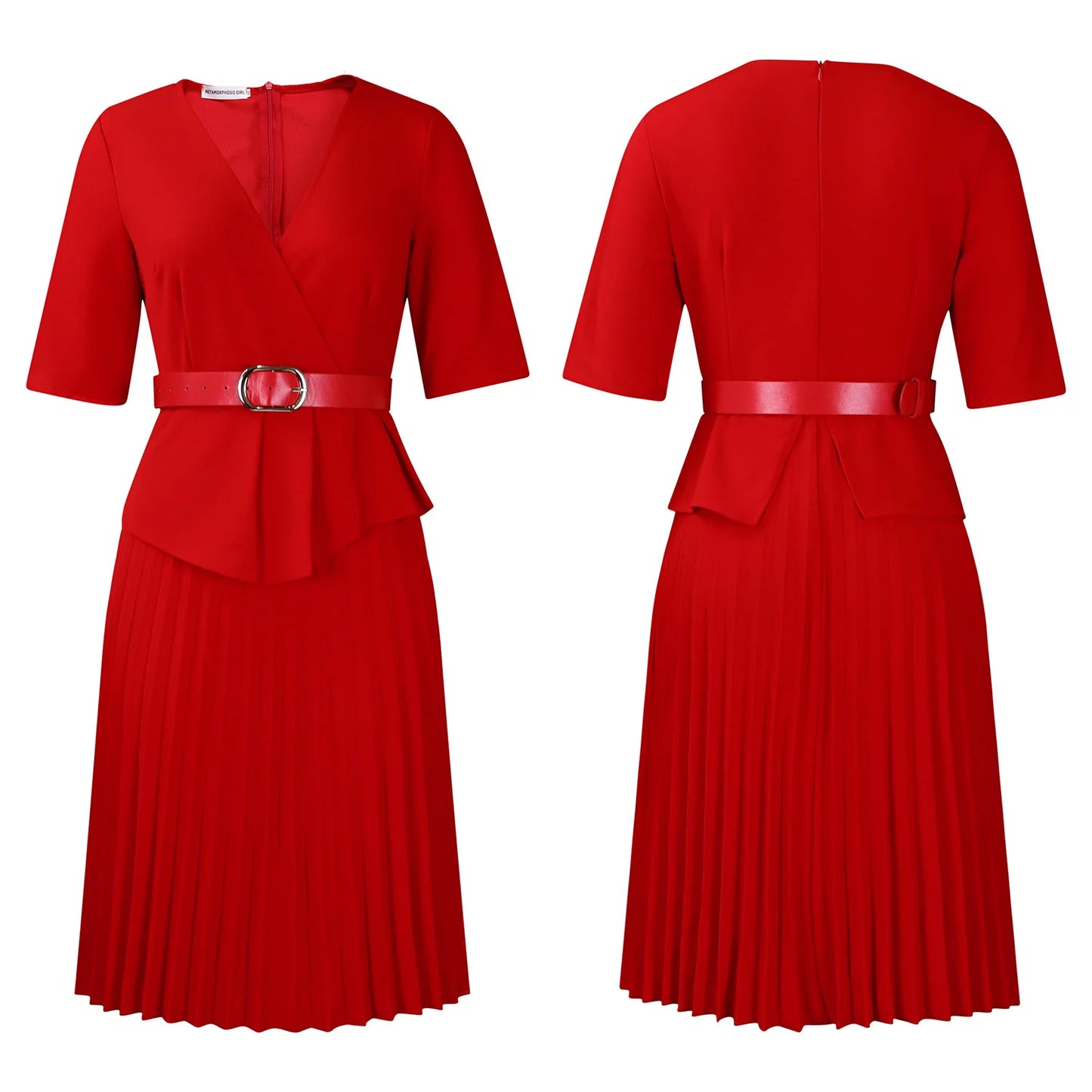 Liz's Plus size, stylish, trendy, Pleated, Temperament, V-Neck, Midi, Office Dress