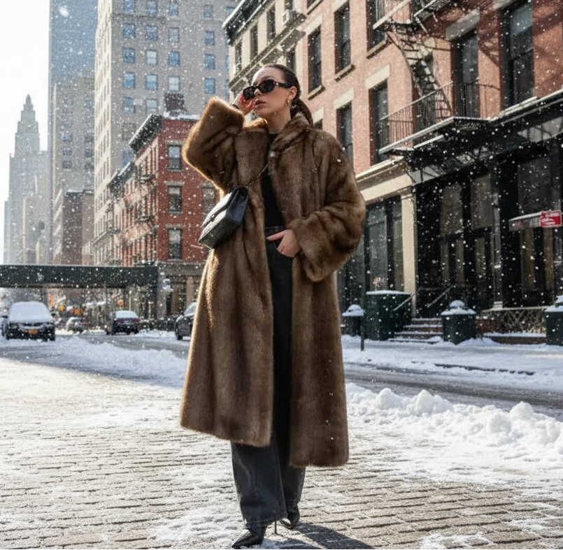 Person wearing a long brown fur coat against a snowy street