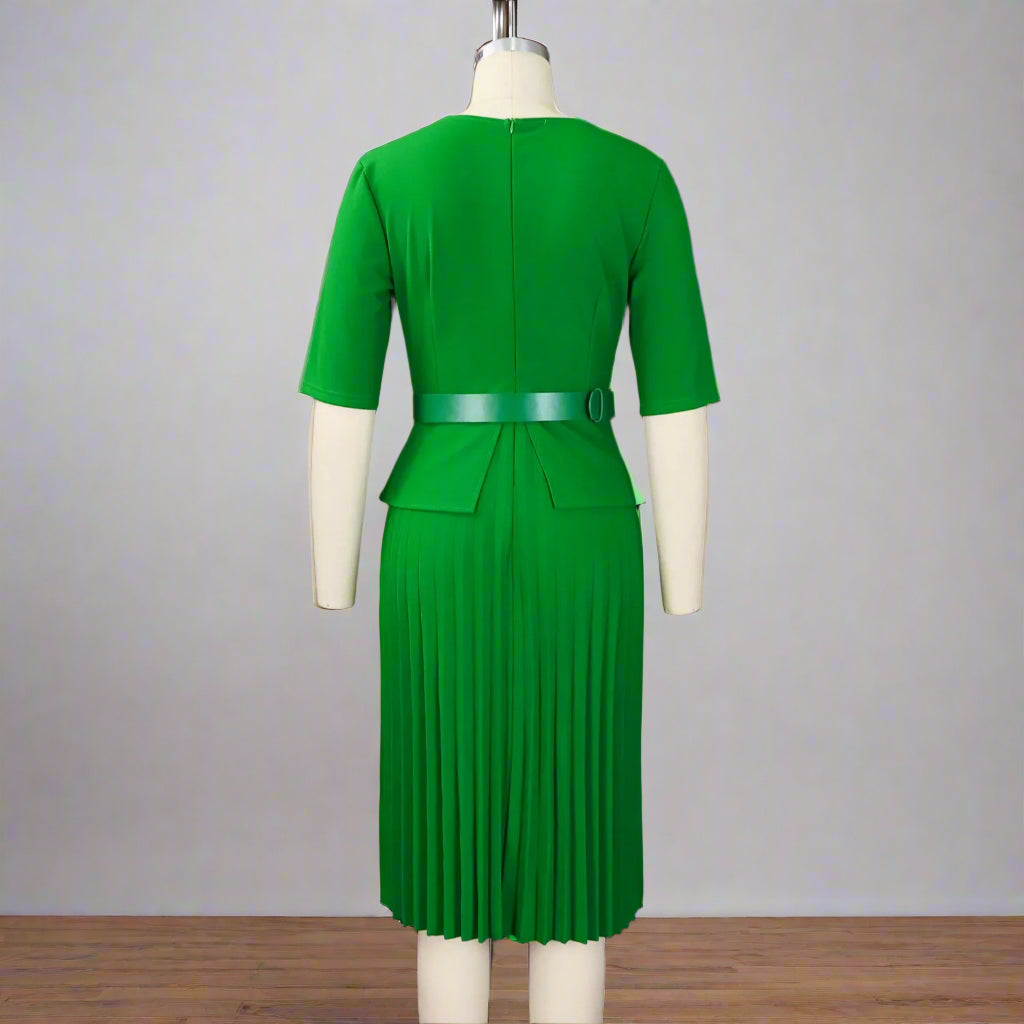 Liz's Plus size, stylish, trendy, Pleated, Temperament, V-Neck, Midi, Office Dress