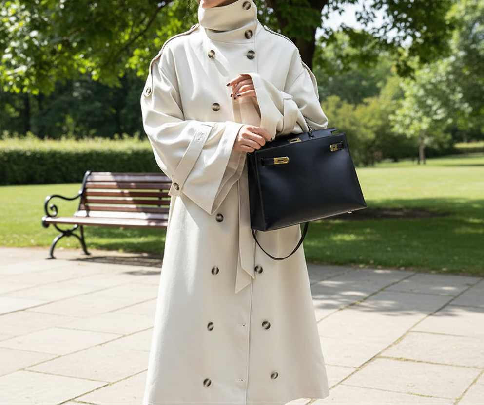 Person wearing a long white coat holding a black handbag in front of an open park