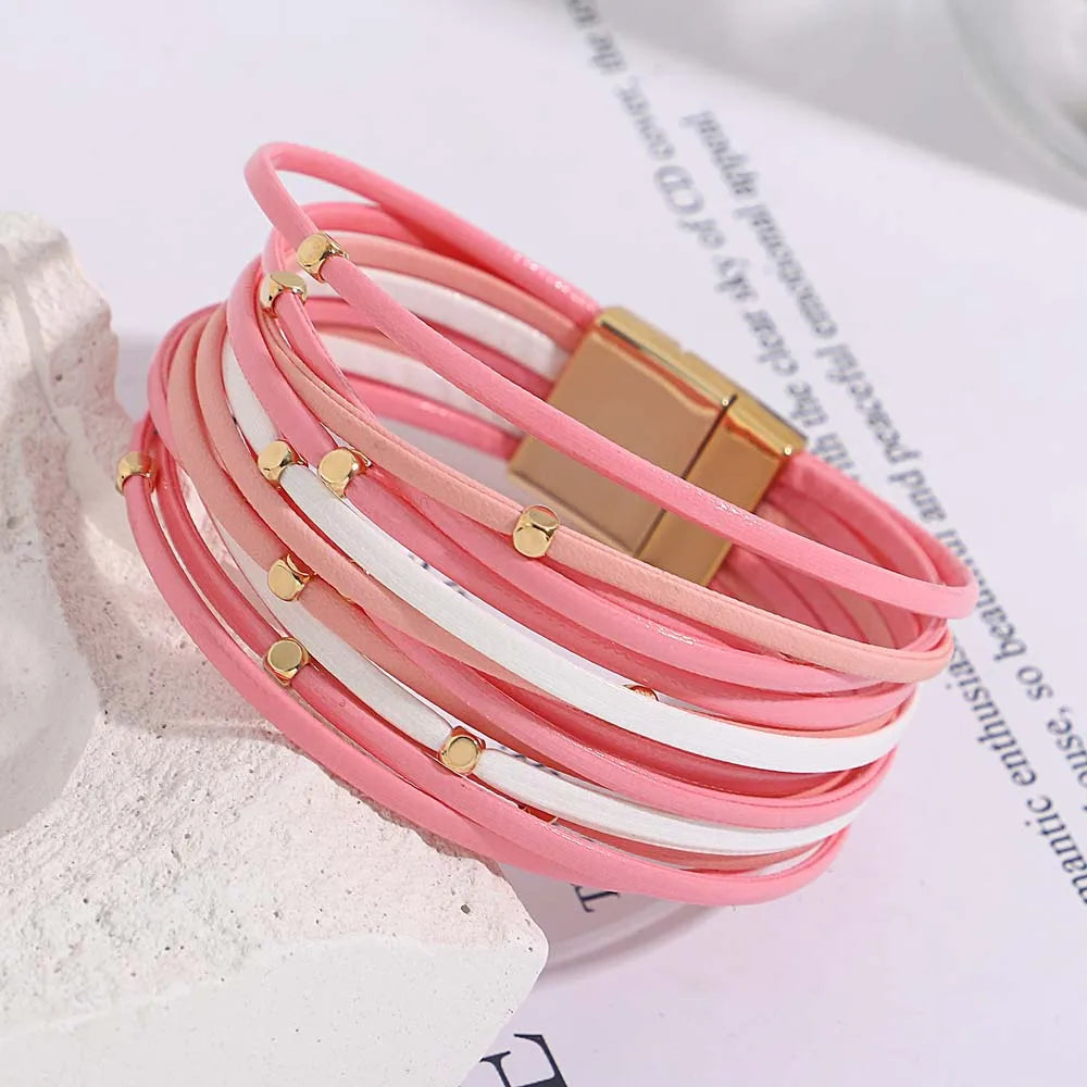 Tanya's Triple Color Leather Bohemian Metal Beads Multilayer Thin Strip Wrap Bracelets