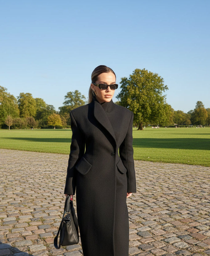 Woman in a black coat and sunglasses standing against open park