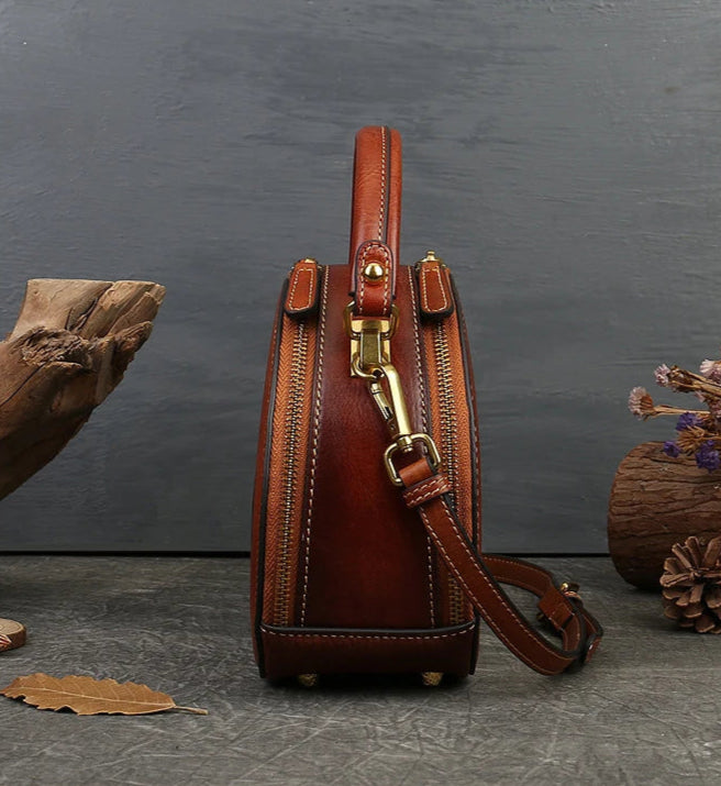 Karma's Genuine Leather, Round Shape, Vintage, Stylish, Retro, Rabbit Embossed, Shoulder Bag