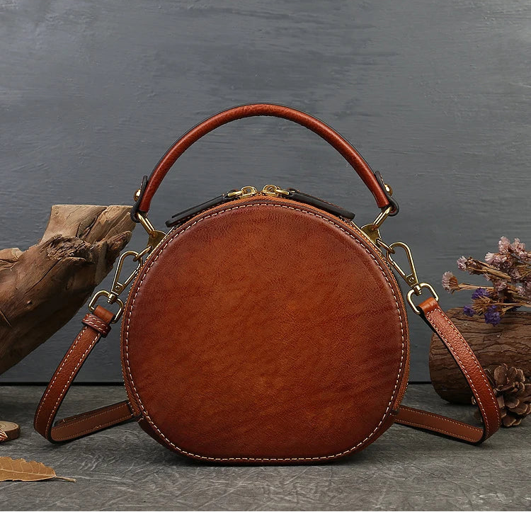 Karma's Genuine Leather, Round Shape, Vintage, Stylish, Retro, Rabbit Embossed, Shoulder Bag