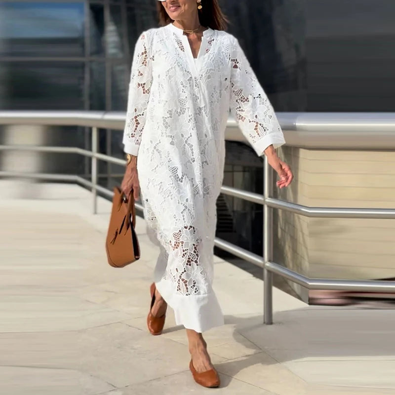 Linda's White Lace Coverup Long Loose Dress