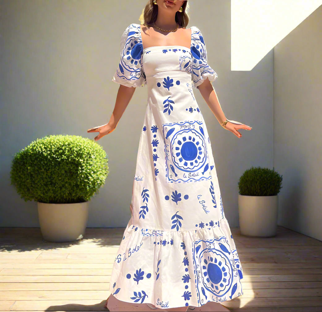 Daisy's Floral, Printed, Square Neck, Trendy, Stylish, Vintage, Boho, Lantern, Party Summer Dress