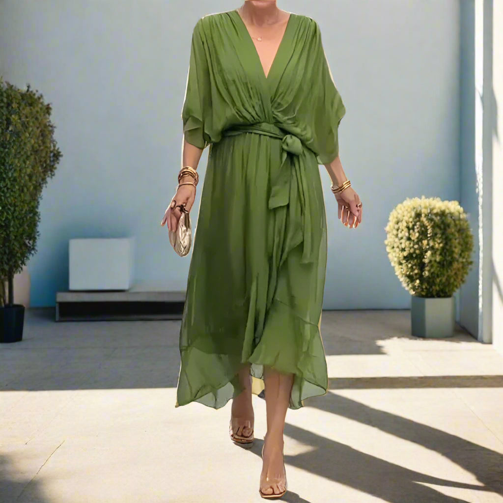 Iman's Irregular, Loose, Stylish, Trendy, V-Neck, Fluffy, Half Sleeves, Midi Dress